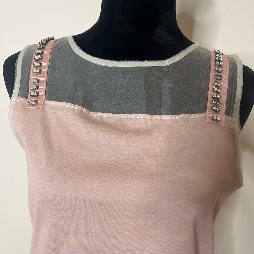 Women’s Ipekyol Blush Pink Jeweled Puma Cotton‎ Sleeveless Sheer Top Tank Sz S - Picture 2 of 9